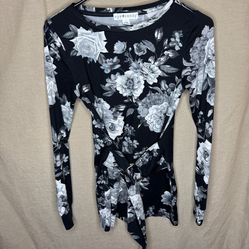 Y2K Womens Floral Long Sleeve Top Black White Ring Side Tie Blouse Small Grunge